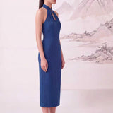 Sense by Mei | Two-Piece Set Royal Blue Modern Qipao | Halter Neck Acetate Dress & Skirt