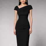 Triacetate Blend Wool Asymmetric Neck Dress