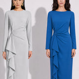 SENSEBYMEI Workwear Collection Waist-Twist Ruffle Long Sleeve Midi Dress