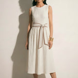 Pleated Linen Blend Sleeveless Midi Dress