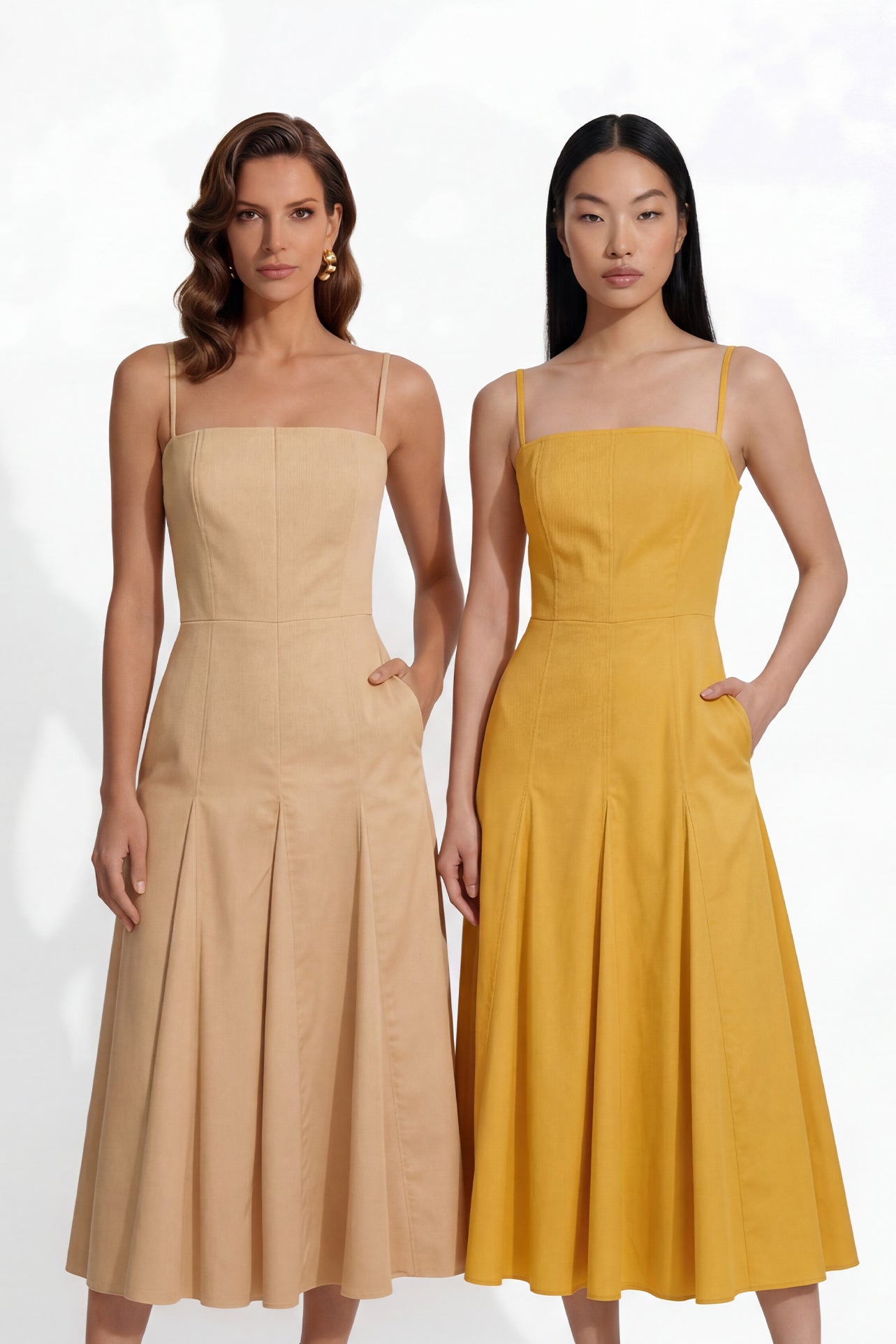 Two professional women modeling elegant square-neck spaghetti strap maxi dresses in khaki and mustard yellow, featuring a pleated A-line silhouette and side pockets for a sophisticated summer look.
