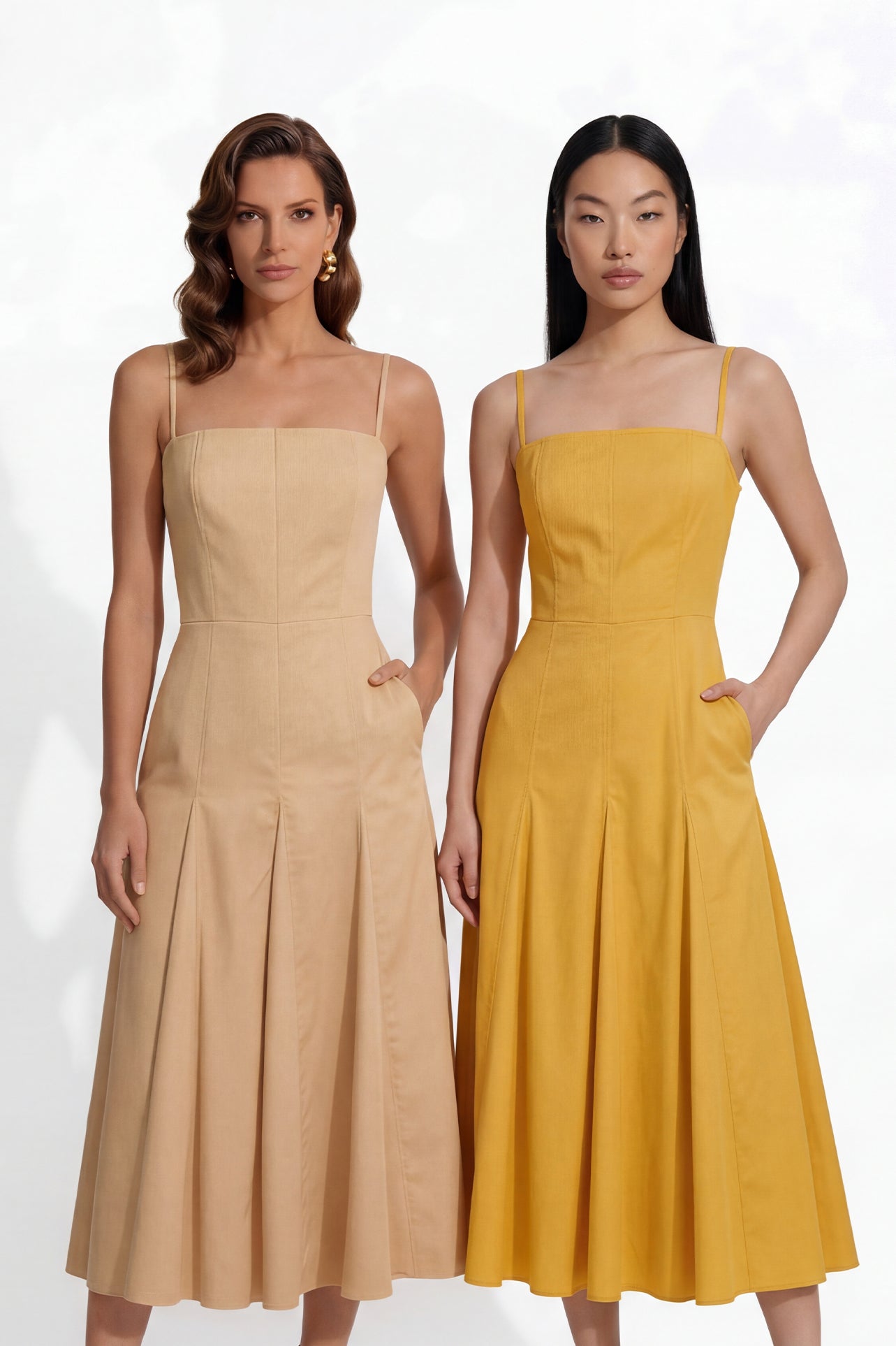 Two professional women modeling elegant square-neck spaghetti strap maxi dresses in khaki and mustard yellow, featuring a pleated A-line silhouette and side pockets for a sophisticated summer look.
