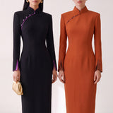 THE ORIENT EDGE QipaoCollar ContrastTrim Tailored Midi Dress