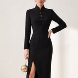 THE ORIENT BLACK SWAN Black High-Neck Acetate Qipao Dress with Shoulder Pads & Side Slit