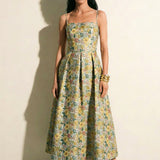 French Vintage Green Jacquard Midi Dress