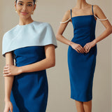 NAVY BLUE DETACHABLE CAPE SLIP DRESS