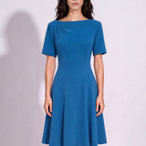 SENSEBYMEI Klein Blue Boat Neck Pleated Short Sleeve Fit & Flare Dress