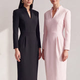 THE POISE Double-Collar Extended-V Tailored Midi Dress