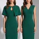 Detachable Cape Acetate Sleeveless V-Neck Dress – Dark Green