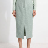 SENSEBYMEI Bamboo Green Alpaca Wool Straight Midi Skirt with Side Slit