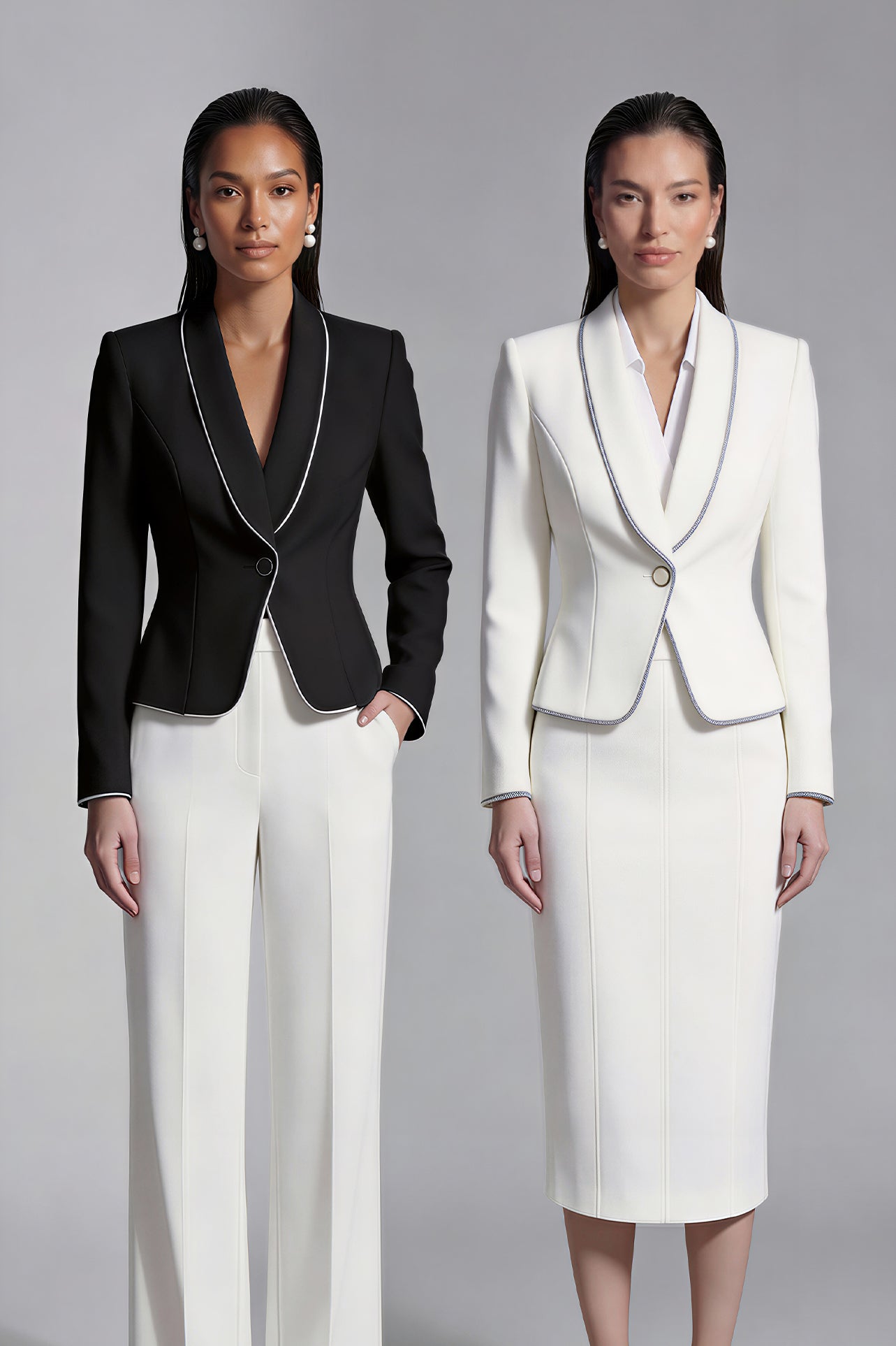Two elegant professional women modeling high-end monochrome executive suits, one in a black blazer with white piping and wide-leg trousers, the other in a white blazer with dark trim and a matching pencil skirt.