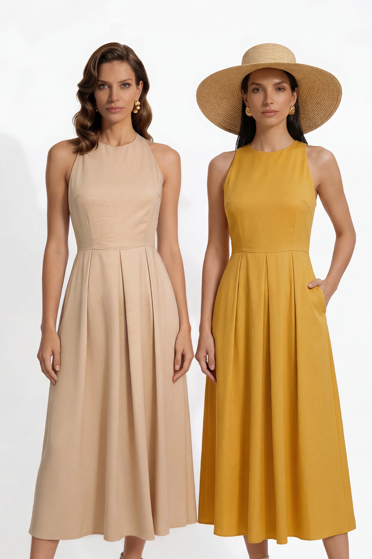 Two professional models wearing elegant halter-neck pleated maxi dresses in khaki and mustard yellow, featuring a high-waist A-line silhouette and side pockets, perfect for a sophisticated summer vacation or garden party look.