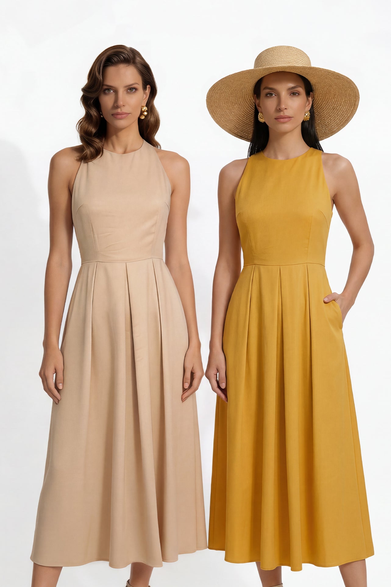 Two professional models wearing elegant halter-neck pleated maxi dresses in khaki and mustard yellow, featuring a high-waist A-line silhouette and side pockets, perfect for a sophisticated summer vacation or garden party look.