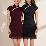 Sensebymei Modern Lace Pearl-Button Qipao with Cut-Out Detail
