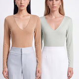 SENSE BY MEI Deep V-Neck Gradient Crystal-Embellished Fitted Knit Bodysuit