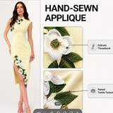 Pastel Yellow Embroidered Midi Qipao  Dress