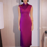 Cheongsam With Embroidered Flowers In Purple