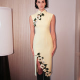 Pastel Yellow Embroidered Midi Qipao  Dress