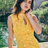 CHEONGSAM RICAMO LUNGHEZZA INTIMA IN GIALLO