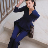 SENSE BY MEI Acetate Double-Layer V-Neck Waist-Defined Ruffle-Hem Top
