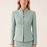 SENSEBYMEI Bamboo Green Tailored Stand-Collar Jacket with Pearl Buttons