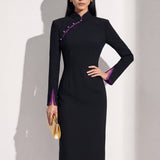 THE ORIENT EDGE QipaoCollar ContrastTrim Tailored Midi Dress
