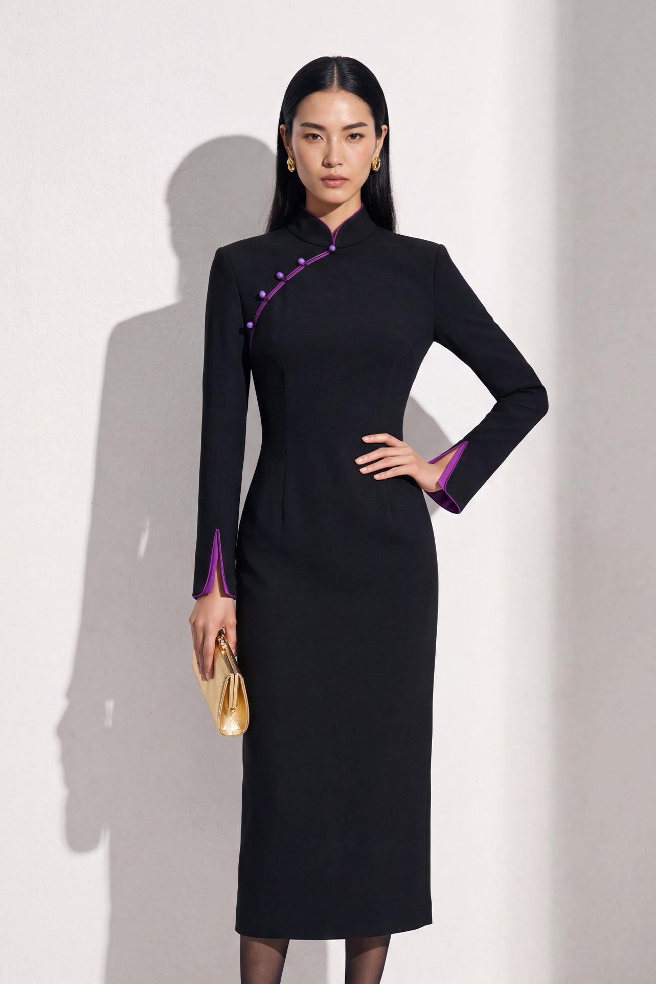 THE ORIENT EDGE QipaoCollar ContrastTrim Tailored Midi Dress