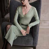 SENSE BY MEI Deep V-Neck Gradient Crystal-Embellished Fitted Knit Bodysuit