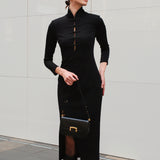 THE ORIENT BLACK SWAN Black High-Neck Acetate Qipao Dress with Shoulder Pads & Side Slit