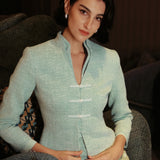 SENSEBYMEI Bamboo Green Tailored Stand-Collar Jacket with Pearl Buttons