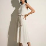 Pleated Linen Blend Sleeveless Midi Dress