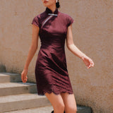 Sensebymei Modern Lace Pearl-Button Qipao with Cut-Out Detail