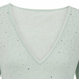 SENSE BY MEI Deep V-Neck Gradient Crystal-Embellished Fitted Knit Bodysuit