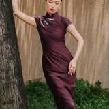 Sensebymei Modern Chinese Burgundy Pearl-Button Qipao