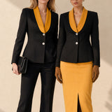 SENSEBYMEI Black & Ginger Yellow Contrast Shawl-Collar Tailored Blazer