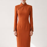 THE ORIENT EDGE QipaoCollar ContrastTrim Tailored Midi Dress