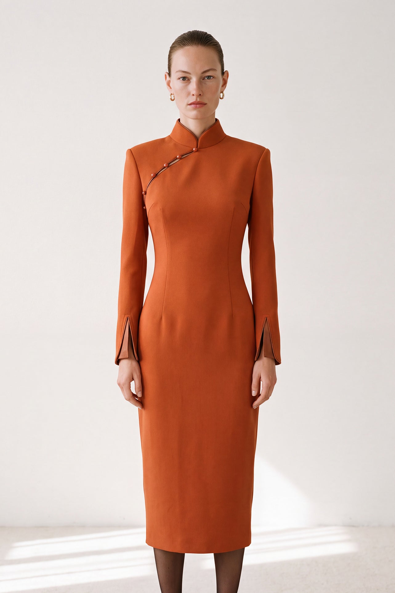 THE ORIENT EDGE QipaoCollar ContrastTrim Tailored Midi Dress