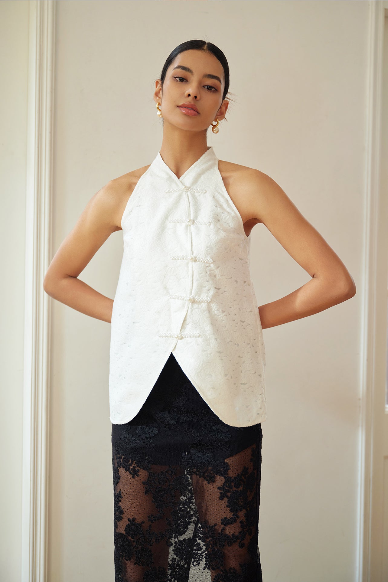 MANDARIN-COLLAR JACQUARD BLOUSE