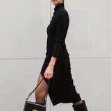 THE ORIENT BLACK SWAN Black High-Neck Acetate Qipao Dress with Shoulder Pads & Side Slit
