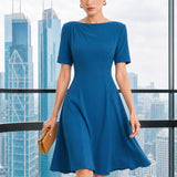 SENSEBYMEI Klein Blue Boat Neck Pleated Short Sleeve Fit & Flare Dress