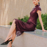 Sensebymei Modern Chinese Burgundy Pearl-Button Qipao