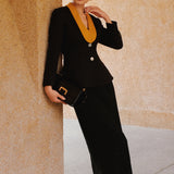 SENSEBYMEI Black & Ginger Yellow Contrast Shawl-Collar Tailored Blazer