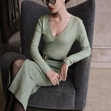 SENSEBYMEI Bamboo Green Alpaca Wool Straight Midi Skirt with Side Slit