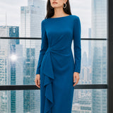 SENSEBYMEI Workwear Collection Waist-Twist Ruffle Long Sleeve Midi Dress