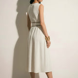 Pleated Linen Blend Sleeveless Midi Dress