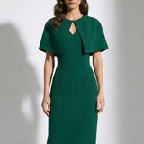 Detachable Cape Acetate Sleeveless V-Neck Dress – Dark Green