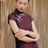 Sensebymei Modern Chinese Burgundy Pearl-Button Qipao