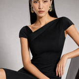 Triacetate Blend Wool Asymmetric Neck Dress