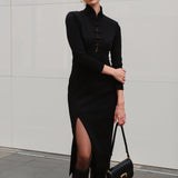 THE ORIENT BLACK SWAN Black High-Neck Acetate Qipao Dress with Shoulder Pads & Side Slit