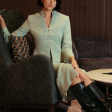 SENSEBYMEI Bamboo Green Tailored Stand-Collar Jacket with Pearl Buttons